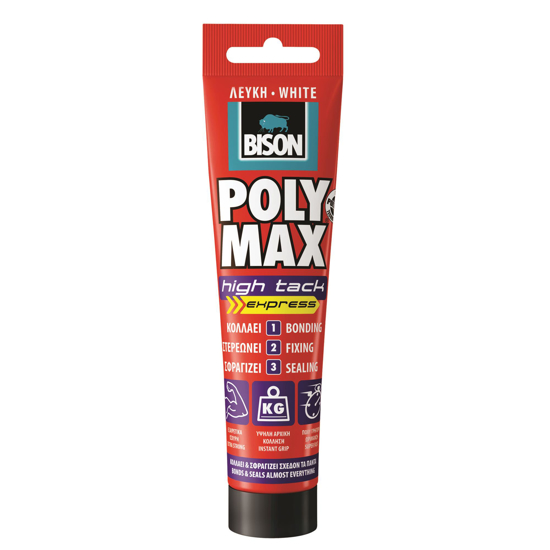 Εικόνα της Bison Poly Max High Tack Express Σφραγιστική Σιλικόνη Αντιμουχλική Ξύλου Λευκή 165ml