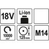 Εικόνα της Υato Γωνιακός Τροχός18V 125mm Solo YT-82827