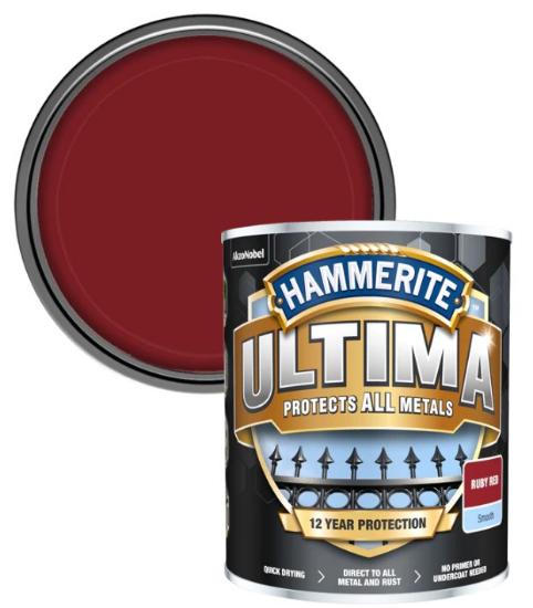 Εικόνα της Hammerite Ultima 3 σε 1 Χρώμα Νερού για Σιδερένιες Επιφάνειες Γυαλιστερό Κόκκινο 0,75lt