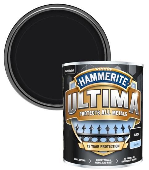 Εικόνα της Hammerite Ultima 3 σε 1 Χρώμα Νερού για Σιδερένιες Επιφάνειες Γυαλιστερό Μαύρο