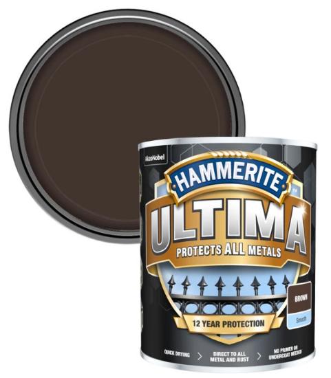 Εικόνα της Hammerite Ultima 3 σε 1 Χρώμα Νερού για Σιδερένιες Επιφάνειες Γυαλιστερό Σκούρο Καφέ 0,75lt