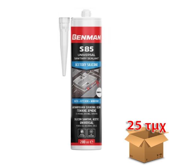Εικόνα της Benman Όξινη Αντιμουχλική Σιλικόνη S85 Γενικής Χρήσης Λευκή 280ml Χ 25τμχ Κιβώτιο