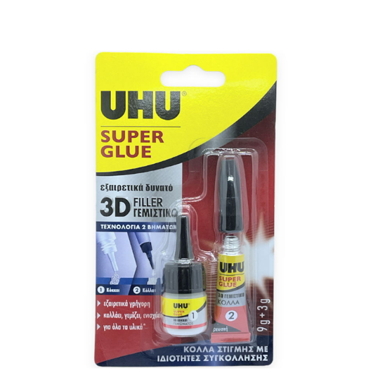 Εικόνα της UHU Super Glue 3D Filler Κόλλα Στιγμής Και Γεμίσματος 3g+9g Blister