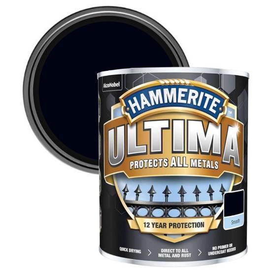 Εικόνα της Hammerite Ultima 3 σε 1 Χρώμα Νερού για Σιδερένιες Επιφάνειες Ματ Μαύρο Ral 9005 - 0,75lt