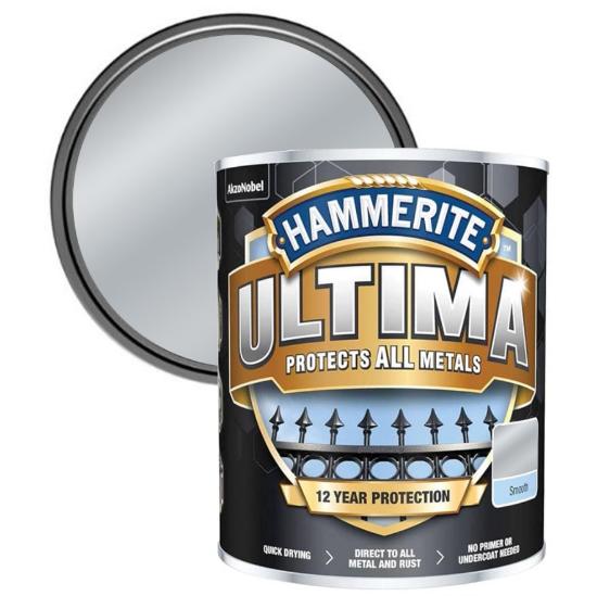 Εικόνα της Hammerite Ultima 3 σε 1 Χρώμα Νερού για Σιδερένιες Επιφάνειες Γυαλιστερό Ασημί Ral 9006 - 0,75lt