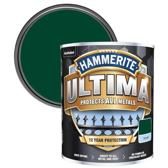 Εικόνα της Hammerite Ultima 3 σε 1 Χρώμα Νερού για Σιδερένιες Επιφάνειες Ματ Σκούρο Πράσινο Ral 6005 - 0,75lt